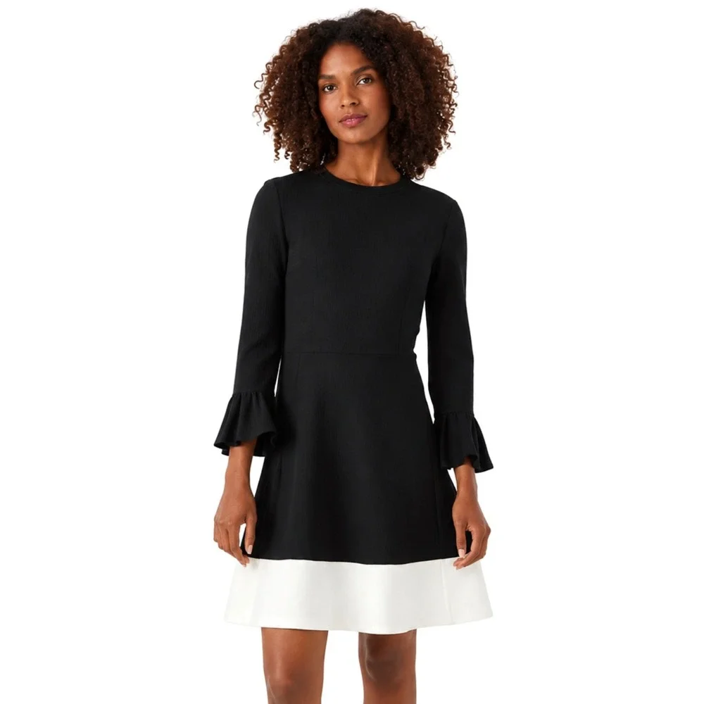 Kate Spade New York Dress Small Black White Colorblock Ruffle Sleeve Fit Flare